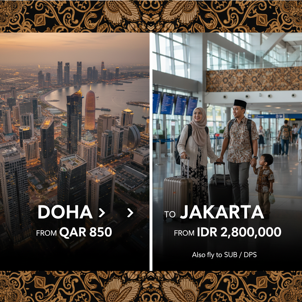 Tiket Doha ke Jakarta (DOH-CGK) — Maskapai, Harga IDR, Jadwal Umroh 2026