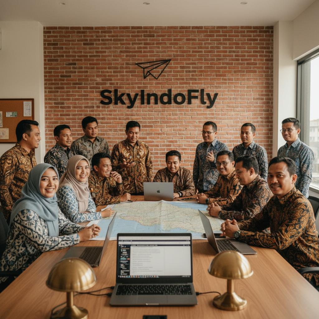 Redaksi SkyIndoFly — 14 jurnalis Indonesia di newsroom Jakarta, batik dan hijab batik-motif, ruang kerja kayu hangat dengan logo paper-plane SkyIndoFly di dinding bata