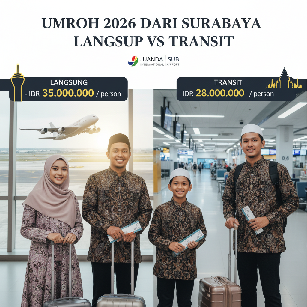Umroh dari Surabaya 2026: Langsung Jeddah vs Transit Jakarta atau KL — Hitungan IDR + Waktu